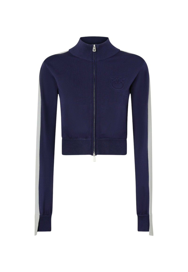 Marineblaue, verkürzte Zip-Jacke mit hohem Kragen, geripptem Saum und weißen Seitestreifen. Mit einem geprägten Logo auf der Brust und silbernem Reißverschluss.