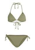 Olivgrünes Bikini-Set mit Dreieck-Oberteil und verstellbaren Knoten. Glattes Gewebe mit minimalistischer Gestaltung. Der Slip verfügt über seitliche Knoten für eine verstellbare Passform.