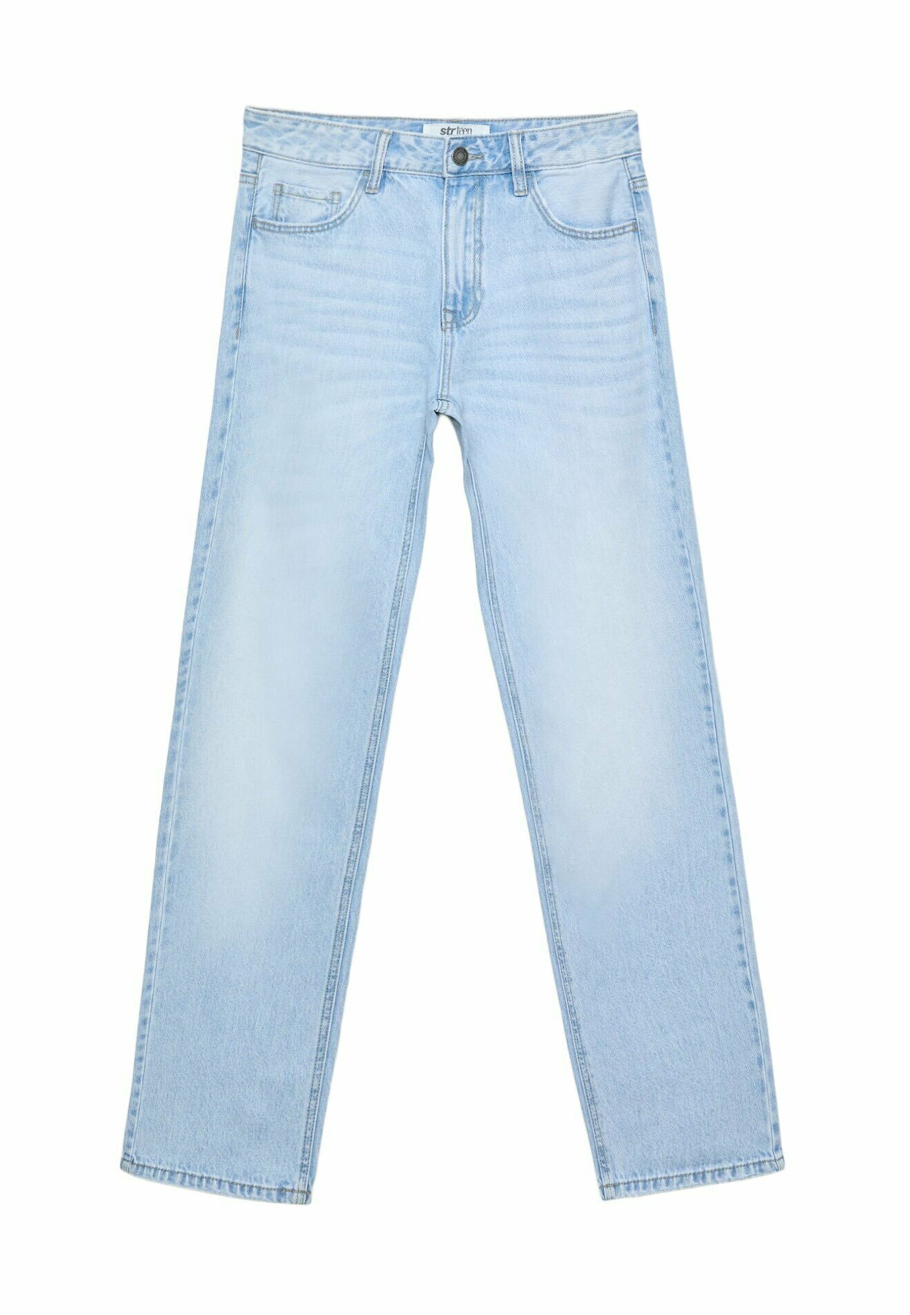 Hellblaue Denim-Jeans, gerades Bein, Fünf-Taschen-Design, Reißverschluss mit Knopfverschluss, verblasste Textur, keine sichtbaren Muster oder Akzente.