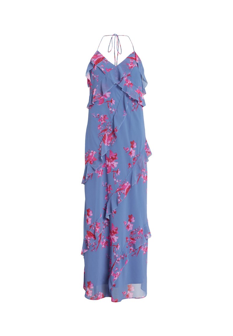 Langes blaues Kleid mit floralem Muster in Pink und Rot, mit Rüschenschichten und einem Halterneck-Design, aus leichtem Stoff gefertigt.