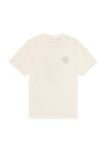 Baumwoll-T-Shirt in Cremefarbe mit kurzen Ärmeln. Verfügt über ein kleines bedrucktes Textdesign auf der Vorderseite. Rundhalsausschnitt und Standardpassform.