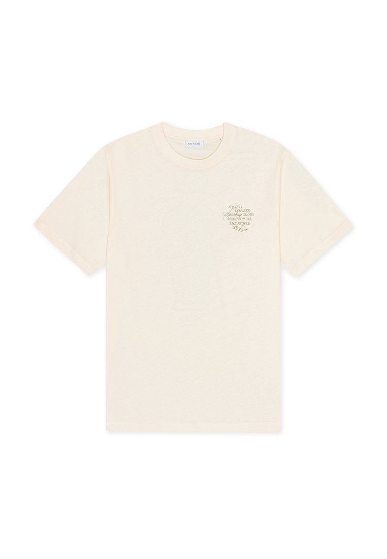 Baumwoll-T-Shirt in Cremefarbe mit kurzen Ärmeln. Verfügt über ein kleines bedrucktes Textdesign auf der Vorderseite. Rundhalsausschnitt und Standardpassform.