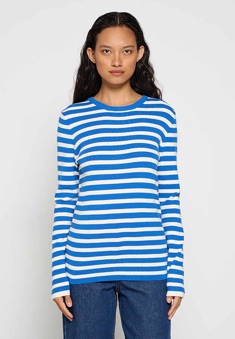 Blau-weiß gestreifter Langarmpullover mit gerippter Textur und rundem Ausschnitt, kombiniert mit dunklen Jeans.