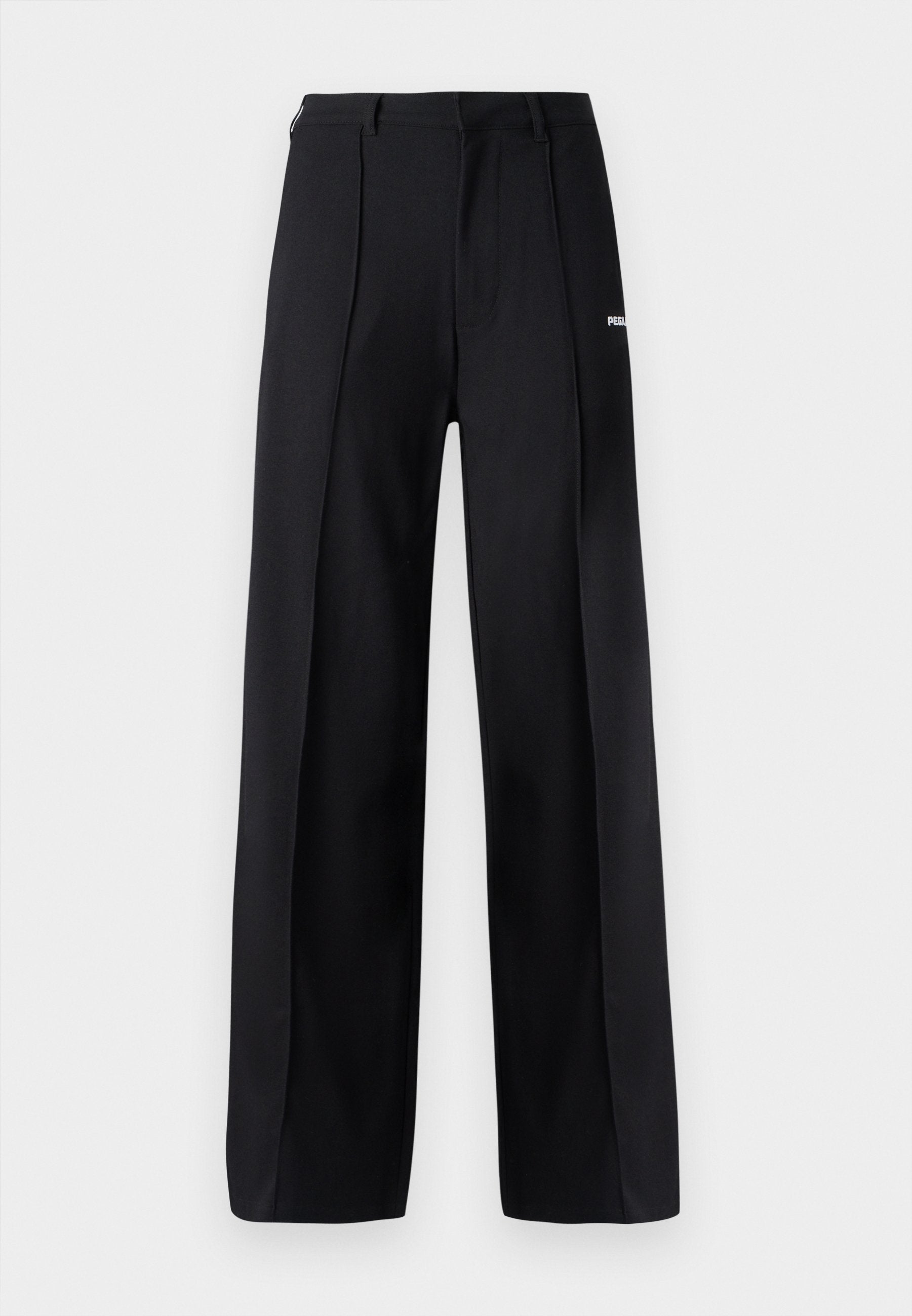 Schwarze, weit geschnittene Hose aus einem glatten Stoff, mit Falten und einem kleinen Logo-Akzent. Design mit einer mittelhohen Taille.