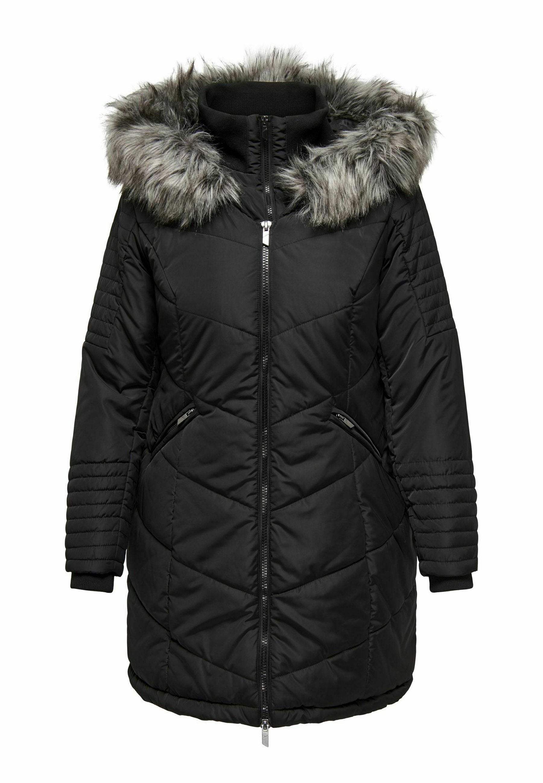 Schwarze gepolsterte Jacke mit einer Kapuze aus Kunstpelz, gestepptem Design, zwei Reißverschlusstaschen an den Seiten und gerippten Strickbündchen. Silberner Reißverschluss.