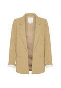 Beige Blazer mit Reverskragen, offenem Vorderteil und zwei vorderen Taschen. Die angeschnittenen Ärmel zeigen ein gestreiftes Futter. Hergestellt aus glattem Stoff.