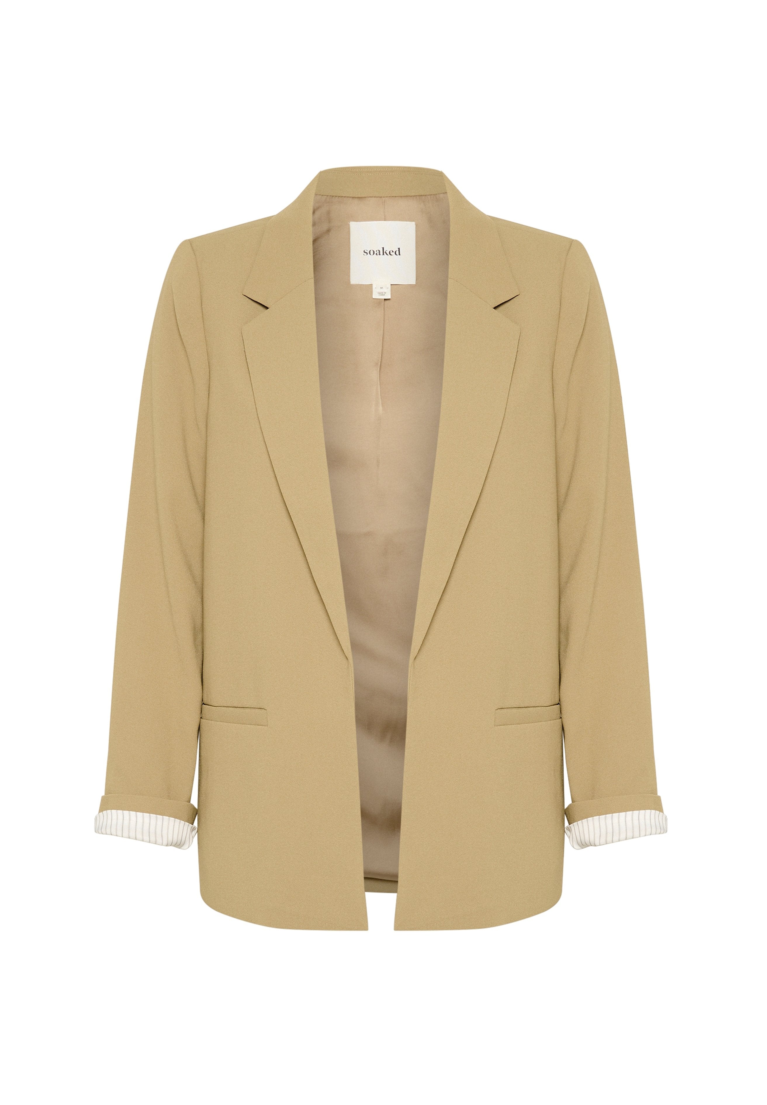 Beige Blazer mit Reverskragen, offenem Vorderteil und zwei vorderen Taschen. Die angeschnittenen Ärmel zeigen ein gestreiftes Futter. Hergestellt aus glattem Stoff.