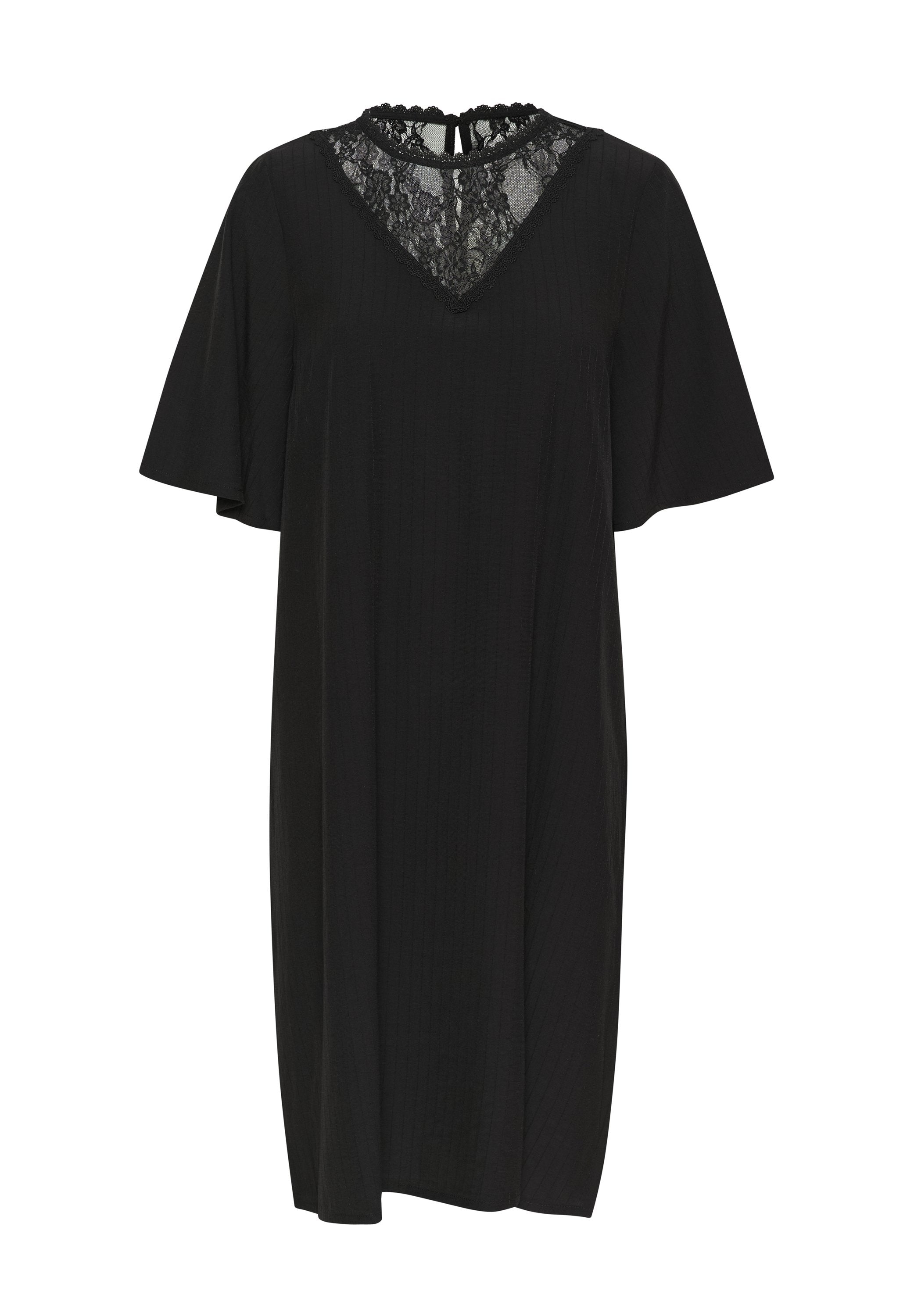 Schwarzes Kleid mit kurzen, ausgestellten Ärmeln, geripptem Textur, SpitzenDETAIL am Ausschnitt und V-Ausschnitt. Rückenschluss mit einer Schlaufe.