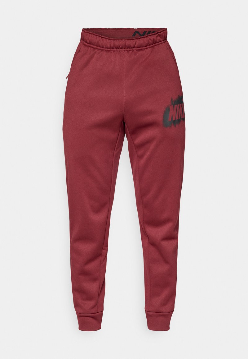 Bordeauxrote Nike-Jogginghose mit elastischem Bund, Seitentaschen und einem schwarzen Logoprint am Oberschenkel. Weiches Material mit schmal zulaufendem Schnitt.