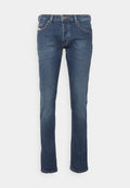Dunkelblaue Jeans aus Denim mit geradem Schnitt, fünf Taschen und minimalen Nähdetails. Verfügt über einen vorderen Knopf- und Reißverschluss.
