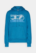Blaues Sweatshirt aus Baumwollmischung. Verfügt über eine Kängurutasche, eine Kordelzugkapuze und ein großes weißes Logo auf der Vorderseite.