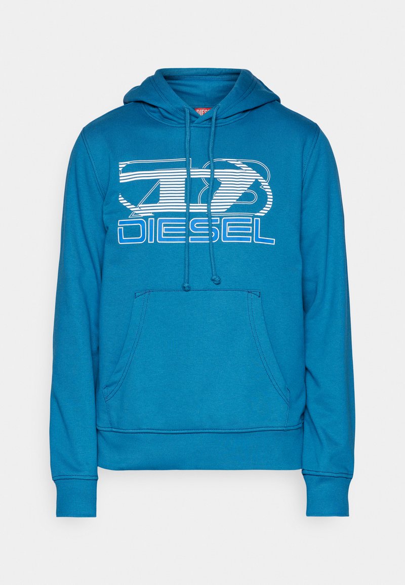 Blaues Sweatshirt aus Baumwollmischung. Verfügt über eine Kängurutasche, eine Kordelzugkapuze und ein großes weißes Logo auf der Vorderseite.