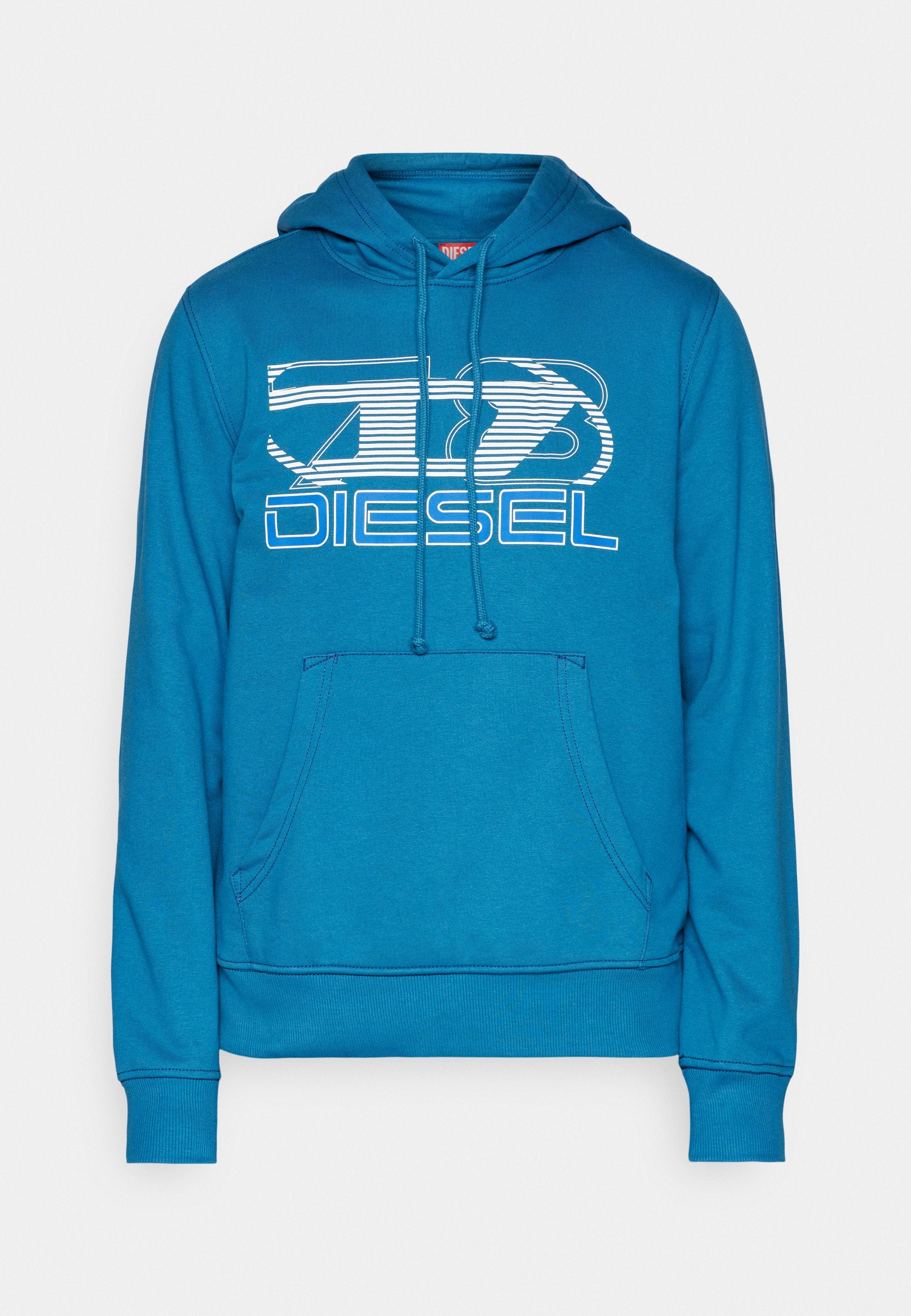 Blaues Sweatshirt aus Baumwollmischung. Verfügt über eine Kängurutasche, eine Kordelzugkapuze und ein großes weißes Logo auf der Vorderseite.