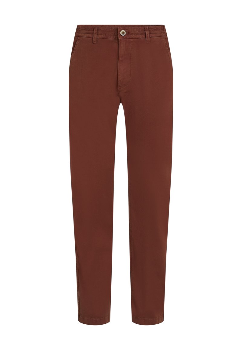 Braune gerade geschnittene Hose mit vorderem Knopf, Gürtelschlaufen und seitlichen Taschen, auf einem weißen Hintergrund präsentiert.