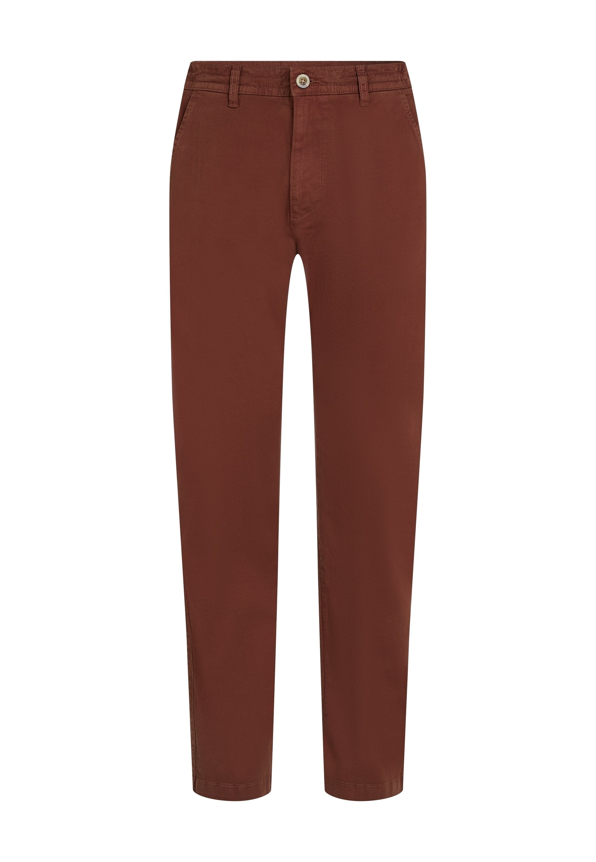 Braune gerade geschnittene Hose mit vorderem Knopf, Gürtelschlaufen und seitlichen Taschen, auf einem weißen Hintergrund präsentiert.