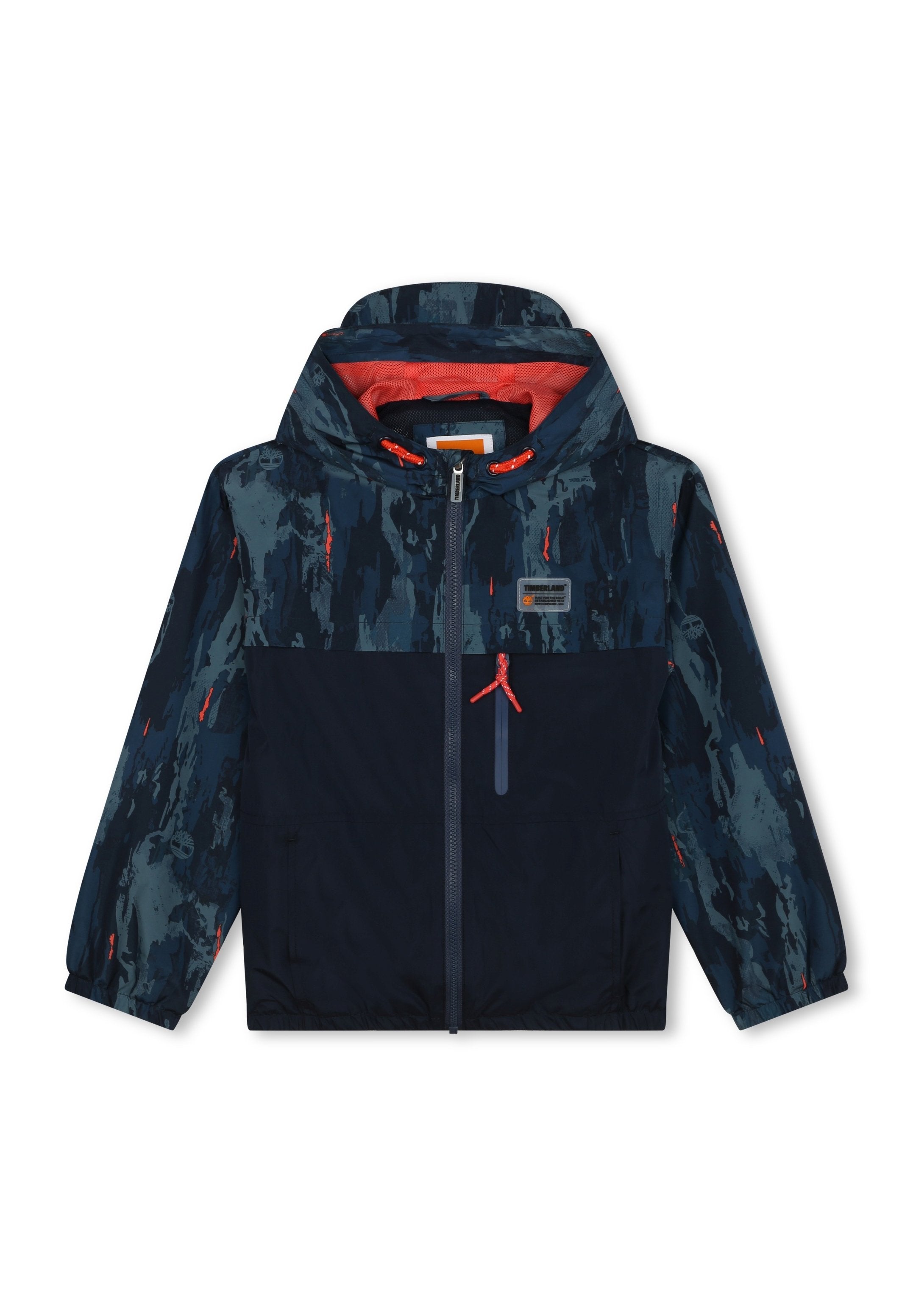 Kapuzenshirt mit einem navy- und tealfarbenen abstrakten Muster, das orangefarbene Akzente setzt, einem Frontreißverschluss und zwei Seitentaschen. Leichter Stoff.