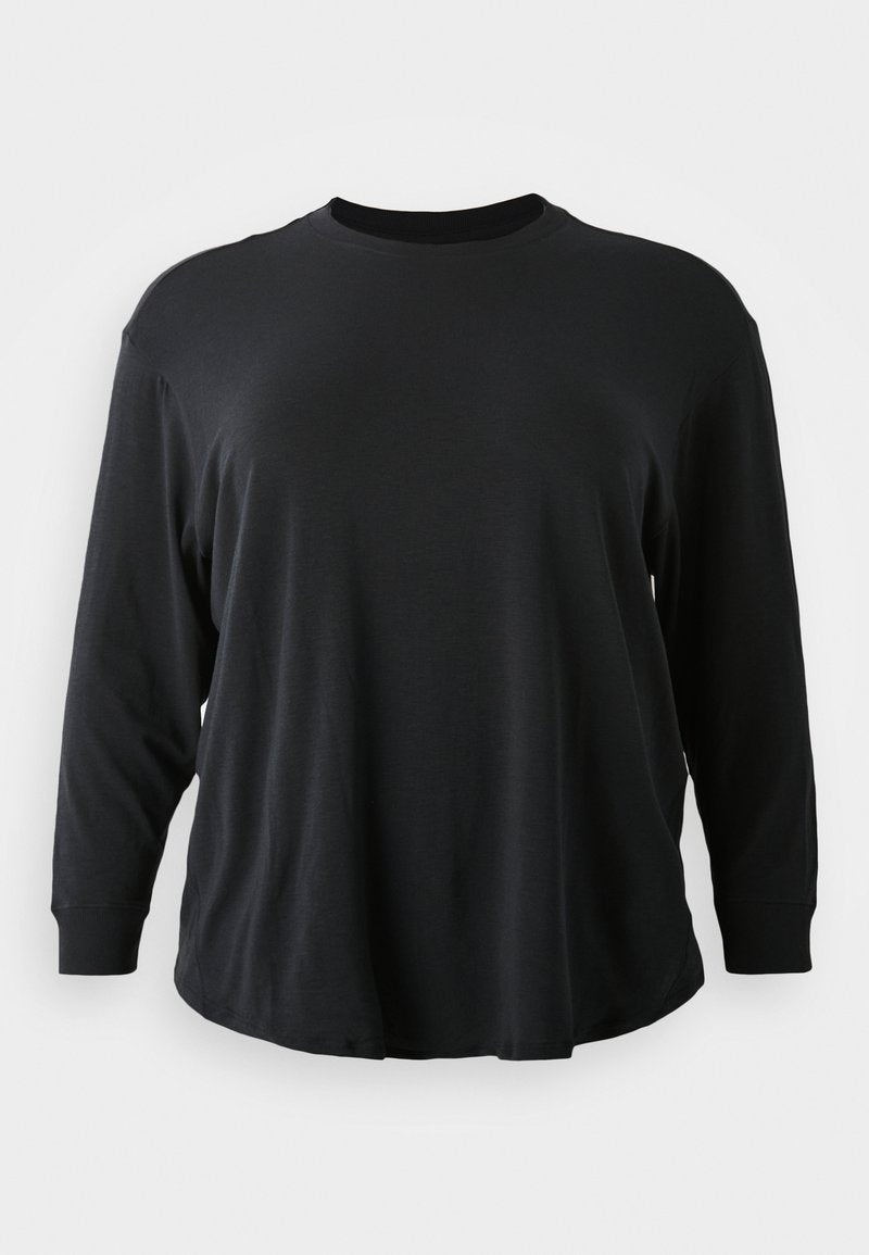 Schwarzes Langarm-T-Shirt aus weichem Stoff. Rundhals, überschnittene Schultern und eine lockere Passform mit einem leicht abgerundeten Saum.