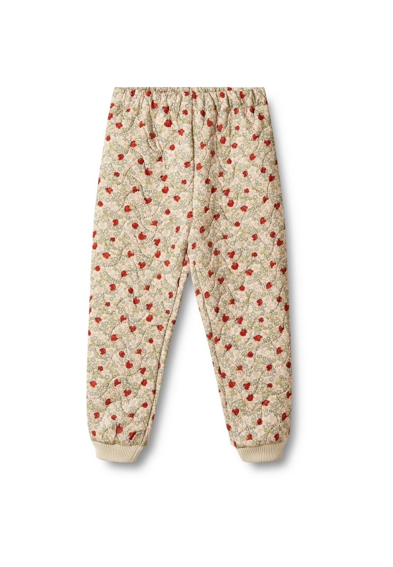 Gesteppten Sweatpants in Beige mit einem Blumenmuster, das rote Beeren zeigt. Der elastische Bund und die Bündchen sorgen für eine bequeme Passform. Weicher Stoff.