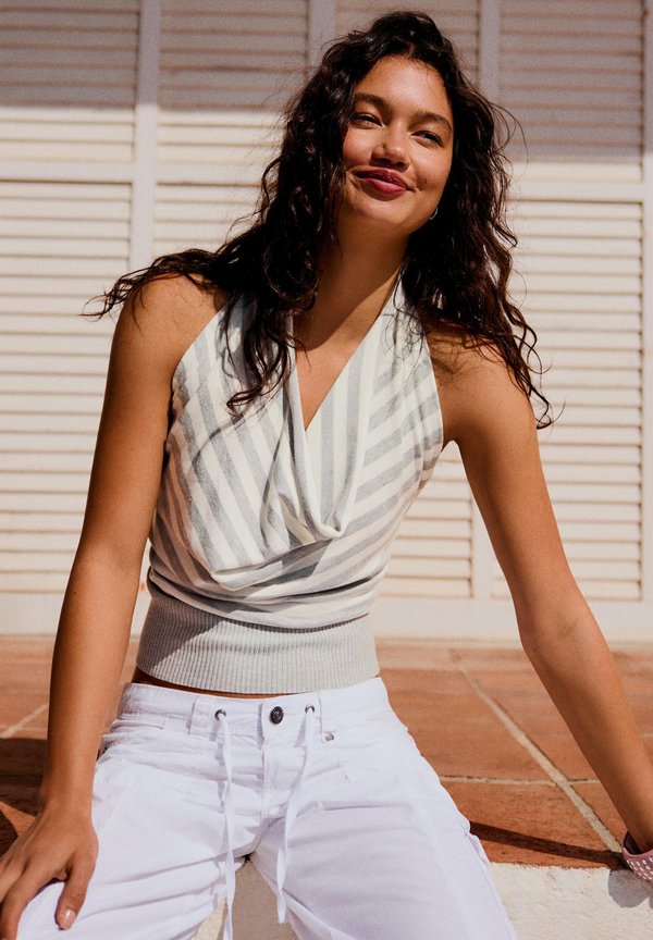 Bershka DRAPED STRIPED TOP - Top - beige