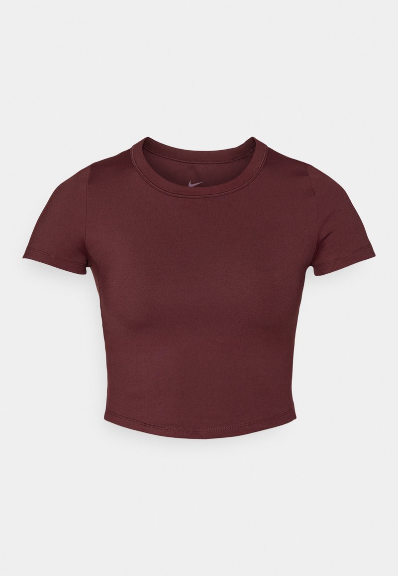Bordeauxfarbene kurze T-Shirt aus glattem Stretchstoff. Es hat kurze Ärmel und einen runden Ausschnitt, mit einem dezenten Logo auf der Brust.