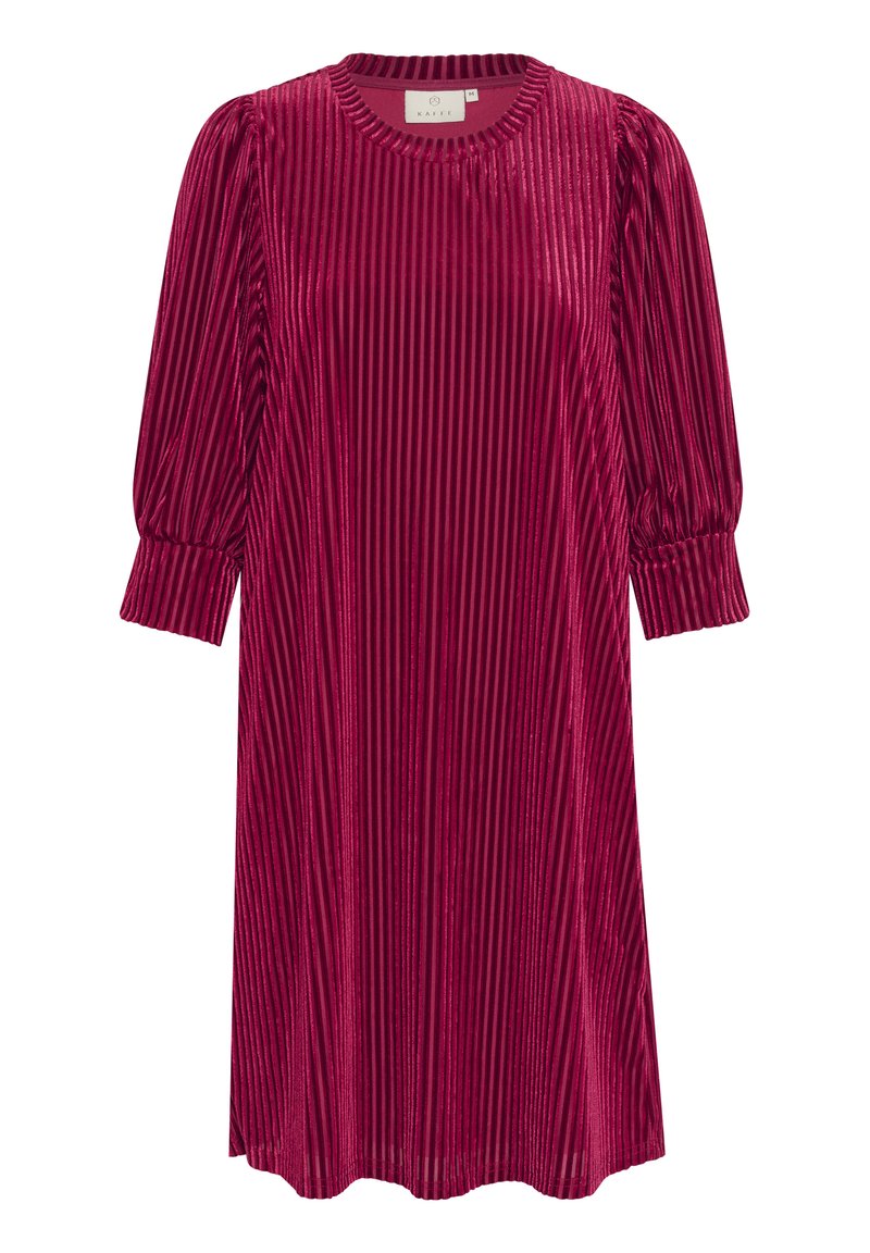 Fuchsia Samtkleid mit vertikalen Streifen, rundem Ausschnitt und dreiviertellangen puffärmel. Weiche Textur und knielanger Abschluss.