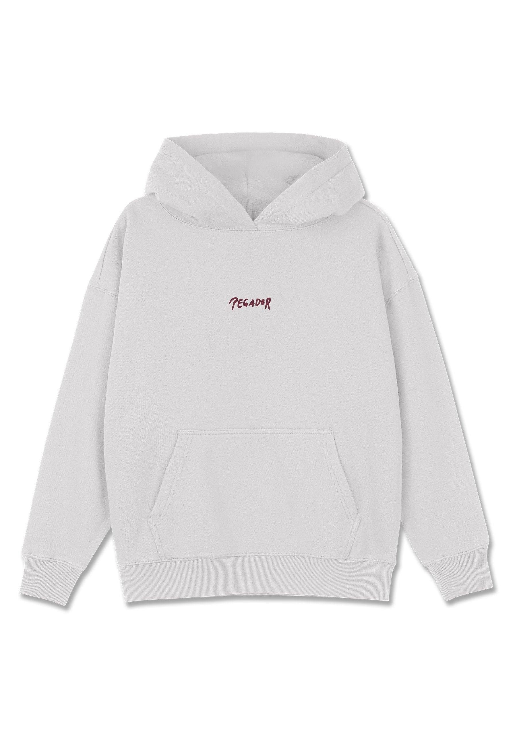 Grau Baumwollhoodie mit einer Fronttasche, gerippten Bündchen und einer Kordelzugkapuze. Mit dem "PEGADOR"-Logo in Kastanienbraun auf der Brust.