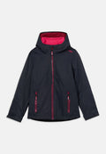 Marineblauer Windbreaker mit pinkfarbenem Innenfutter. Verfügt über eine Kapuze, einen Frontreißverschluss und zwei Reißverschlusstaschen. Mit kontrastierenden Nähten gestaltet.