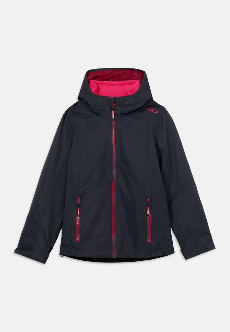 Marineblauer Windbreaker mit pinkfarbenem Innenfutter. Verfügt über eine Kapuze, einen Frontreißverschluss und zwei Reißverschlusstaschen. Mit kontrastierenden Nähten gestaltet.