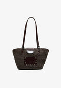 Bershka STUDDED RAFFIA BASKET BAG - Handbag - brown