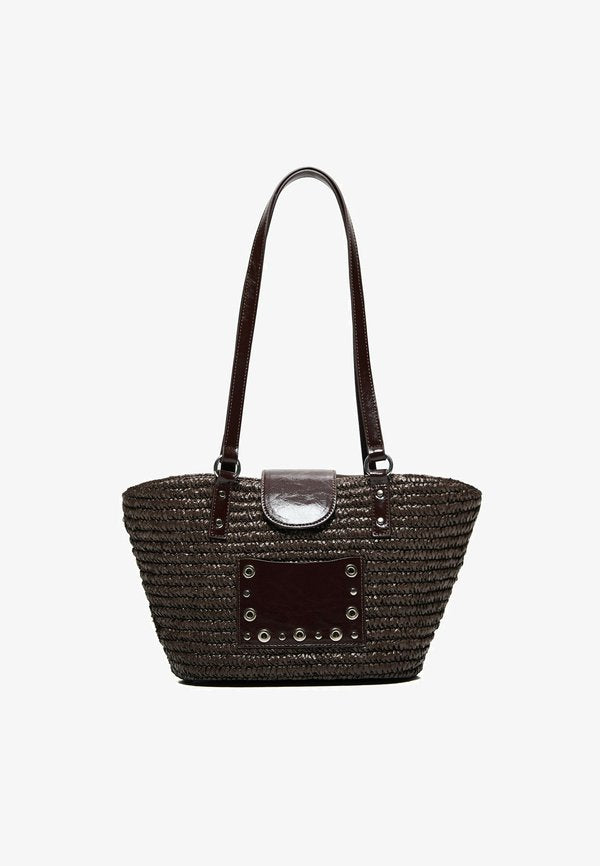 Bershka STUDDED RAFFIA BASKET BAG - Handbag - brown
