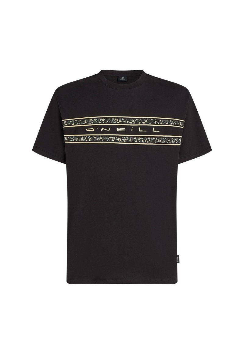 Schwarzes Baumwoll-T-Shirt mit einem horizontalen dekorativen Streifen mit Blumenmuster und Markentext in kontrastierenden Farben auf der Brust.
