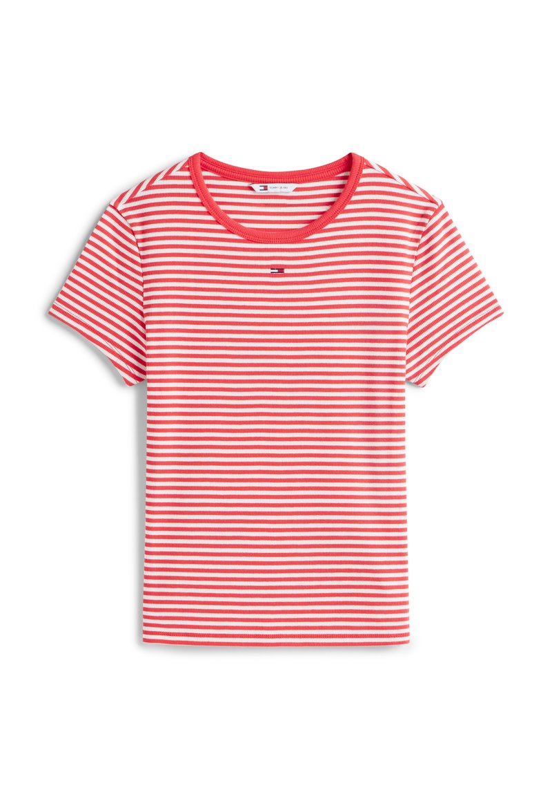 Rot-weiß gestreiftes T-Shirt mit kurzen Ärmeln und Rundhalsausschnitt, mit kleinem, gesticktem Logo mittig unterhalb des Halsausschnitts.