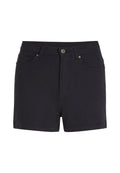 Dunkelblaue Jeans-Shorts mit einem Fünf-Taschen-Design, einer vorderen Knopfleiste und genähten Details. Der Stoff hat eine glatte Textur.