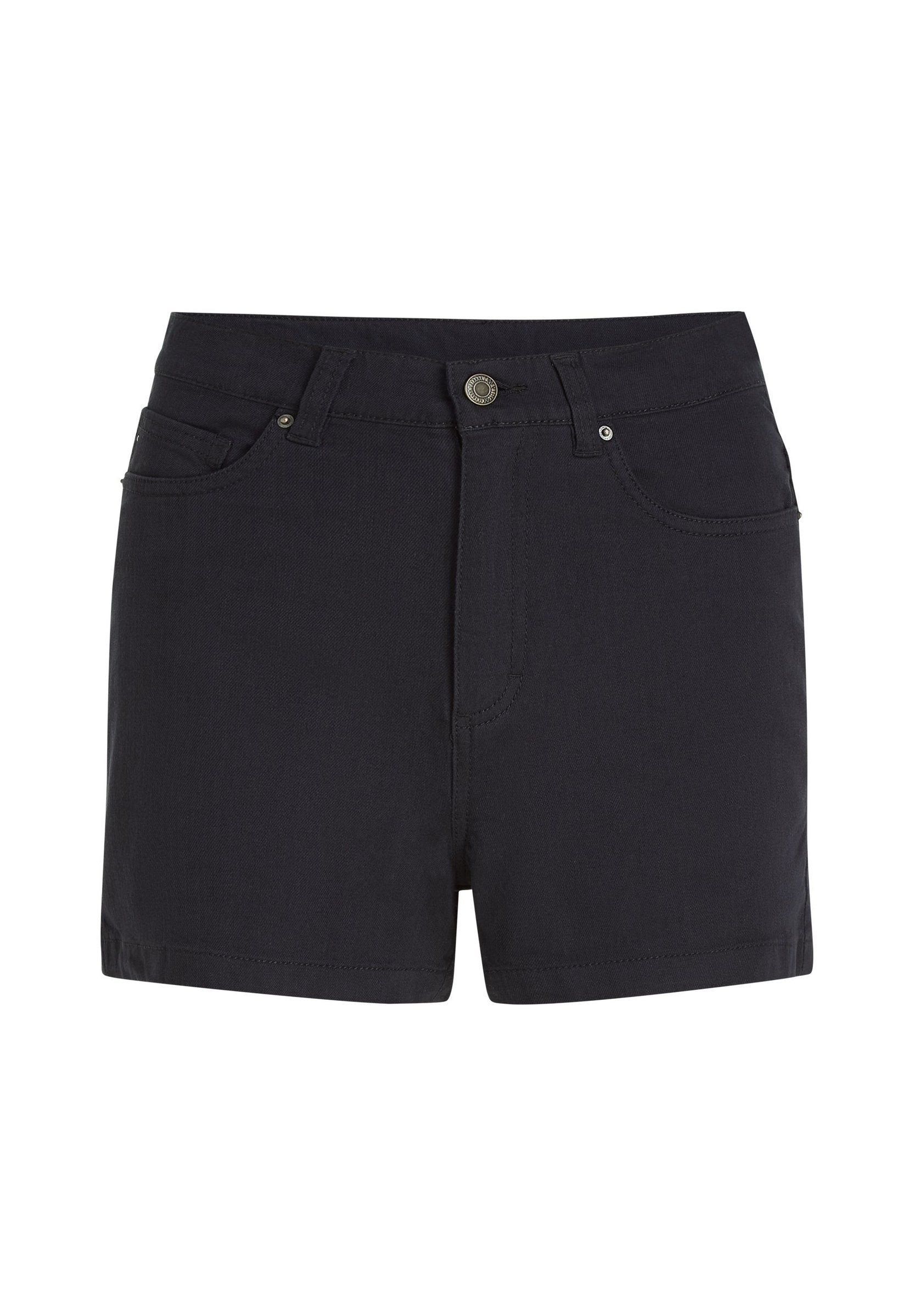 Dunkelblaue Jeans-Shorts mit einem Fünf-Taschen-Design, einer vorderen Knopfleiste und genähten Details. Der Stoff hat eine glatte Textur.