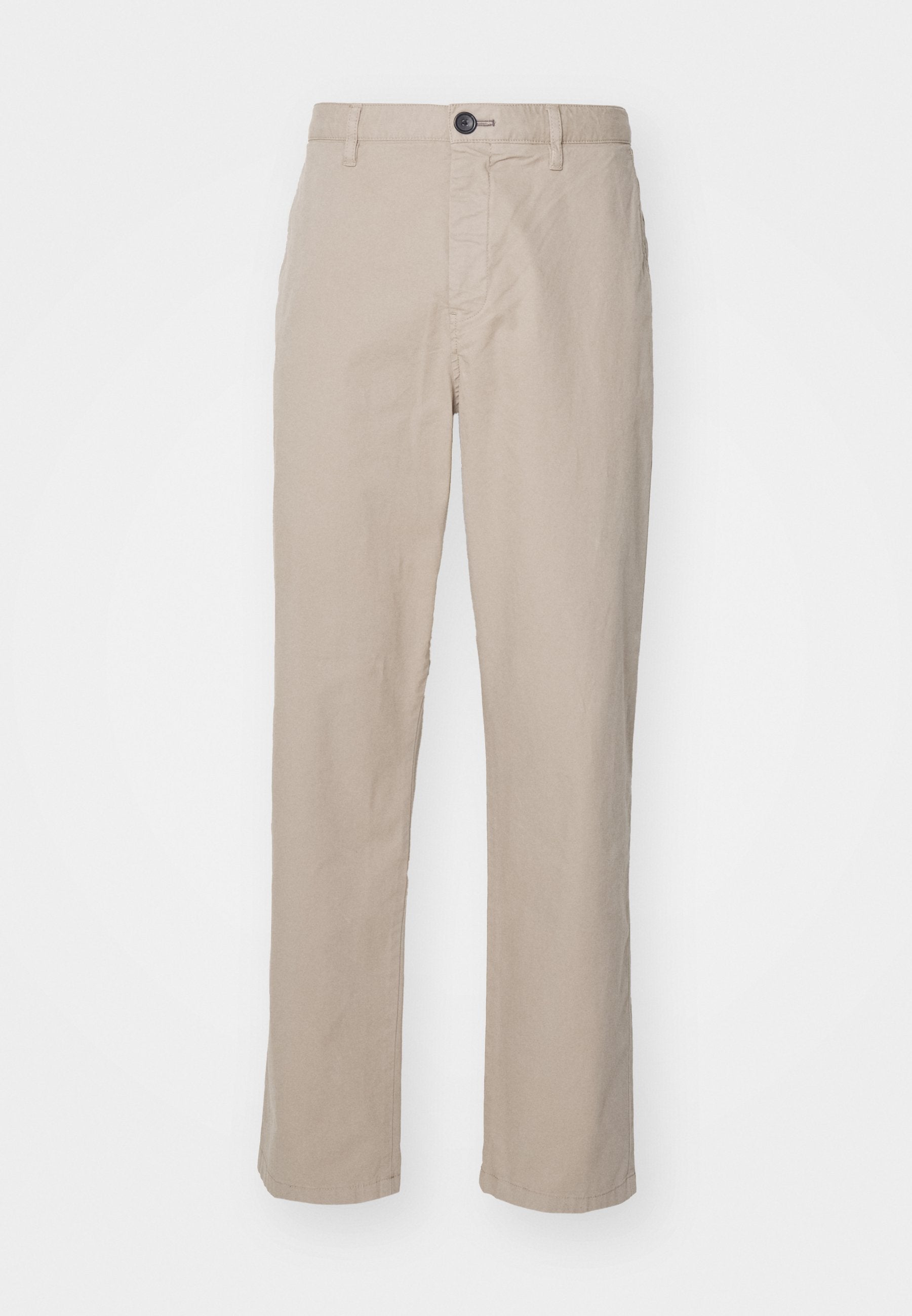 Beige gerade geschnittene Hosen aus leichtem Material, mit einem Knopfverschluss und dezenten Nahtdetails. Flacher Front mit seitlichen Taschen.