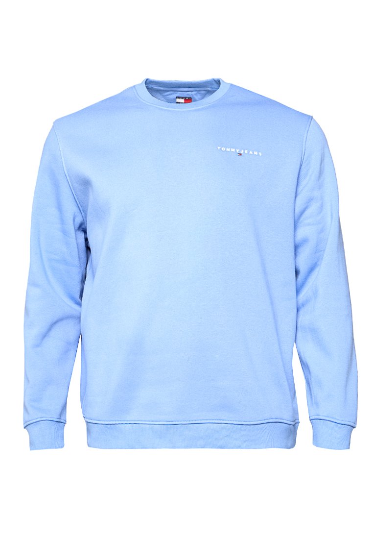 Hellblauer Crewneck-Sweatshirt mit langen Ärmeln und kleinem weißen „Tommy Jeans“-Logo sowie Flagge auf der linken Brust.
