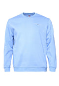 Hellblauer Crewneck-Sweatshirt mit langen Ärmeln und kleinem weißen „Tommy Jeans“-Logo sowie Flagge auf der linken Brust.