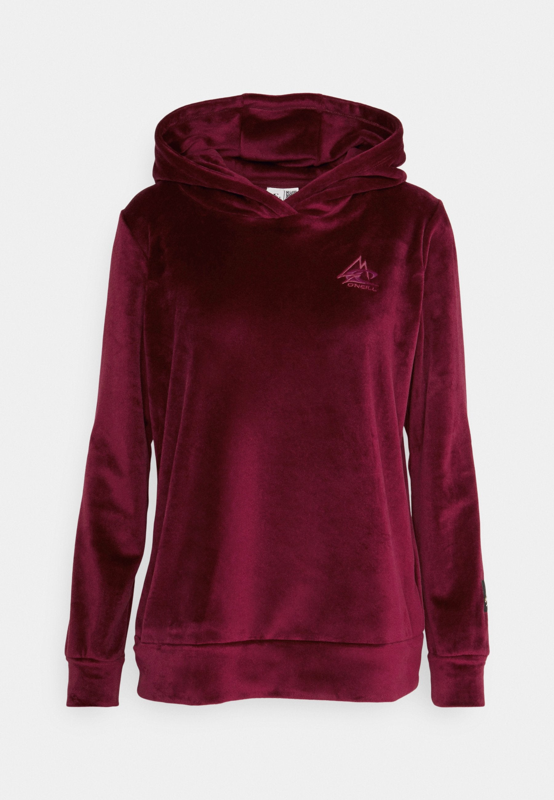 Burgunderfarbene Samt-Hoodie mit Kängurutasche, gerippten Bündchen und einem Berglogo auf der Brust. Weiche Textur und entspannter Schnitt.