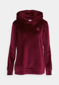 Burgunderfarbene Samt-Hoodie mit Kängurutasche, gerippten Bündchen und einem Berglogo auf der Brust. Weiche Textur und entspannter Schnitt.