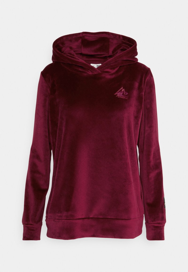 Burgunderfarbene Samt-Hoodie mit Kängurutasche, gerippten Bündchen und einem Berglogo auf der Brust. Weiche Textur und entspannter Schnitt.