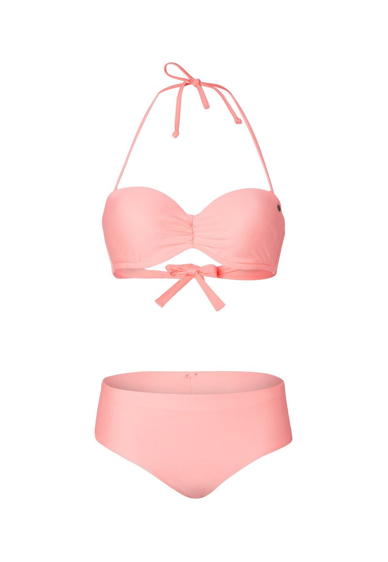 Rosa Bikini-Set mit einem gepolsterten Neckholder-Oberteil, das über ein zentrales Twist-Detail und eine verstellbare Bindung verfügt, kombiniert mit klassischen hoch taillierten Bottoms.