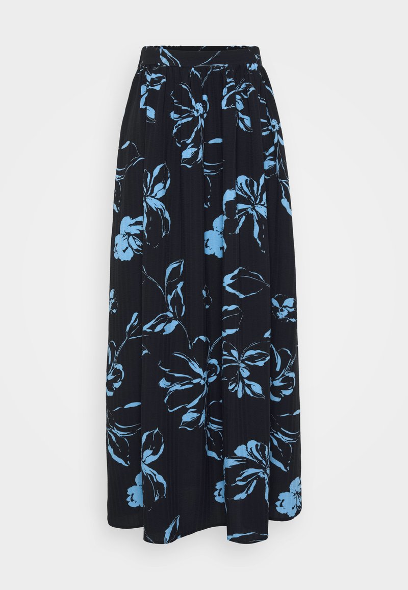 Maxirock in Schwarz mit blauem Blumenmuster, ausgestattet mit einem elastischen Bund und plissierter Struktur für Komfort und Bewegungsfreiheit.