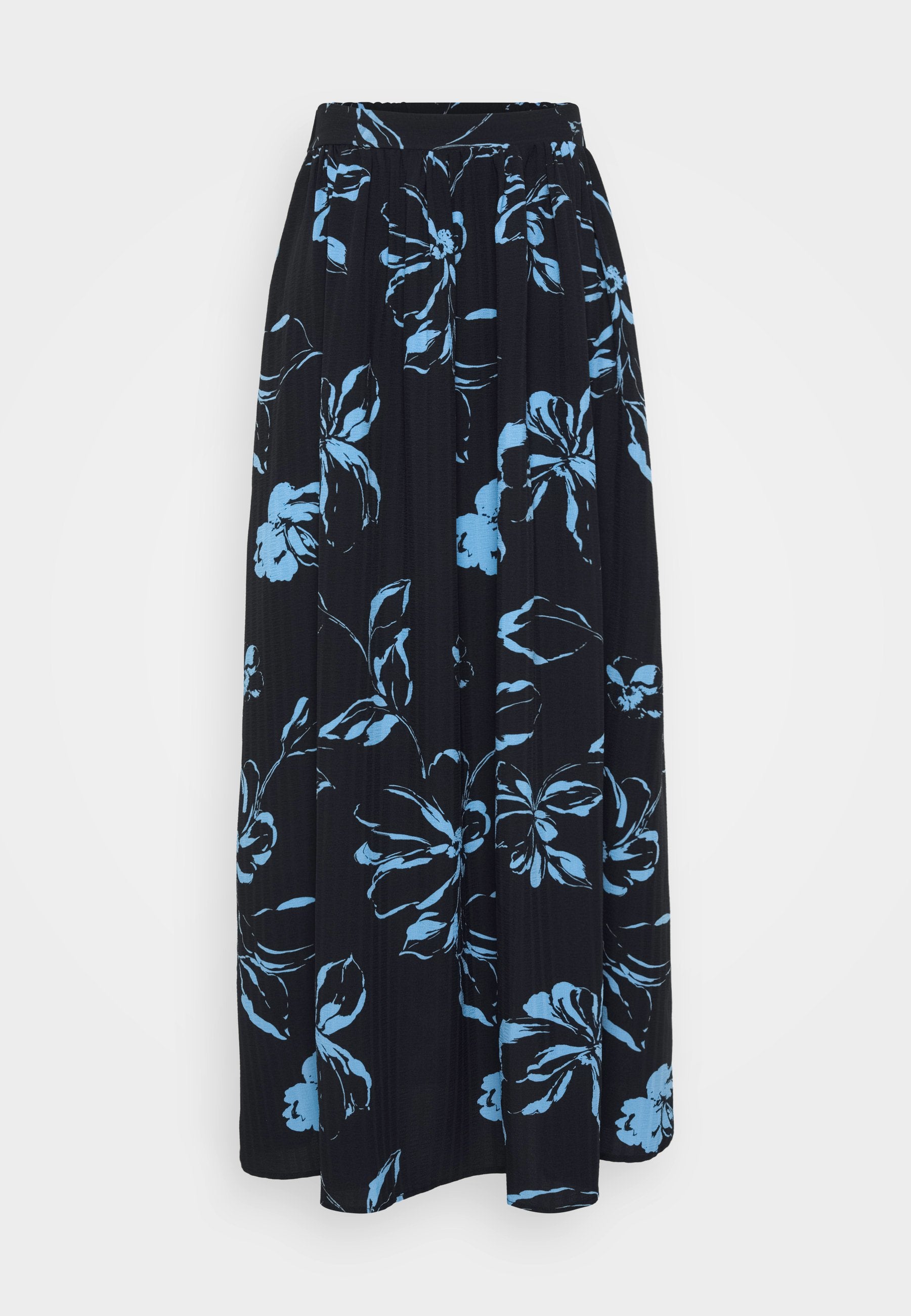 Maxirock in Schwarz mit blauem Blumenmuster, ausgestattet mit einem elastischen Bund und plissierter Struktur für Komfort und Bewegungsfreiheit.