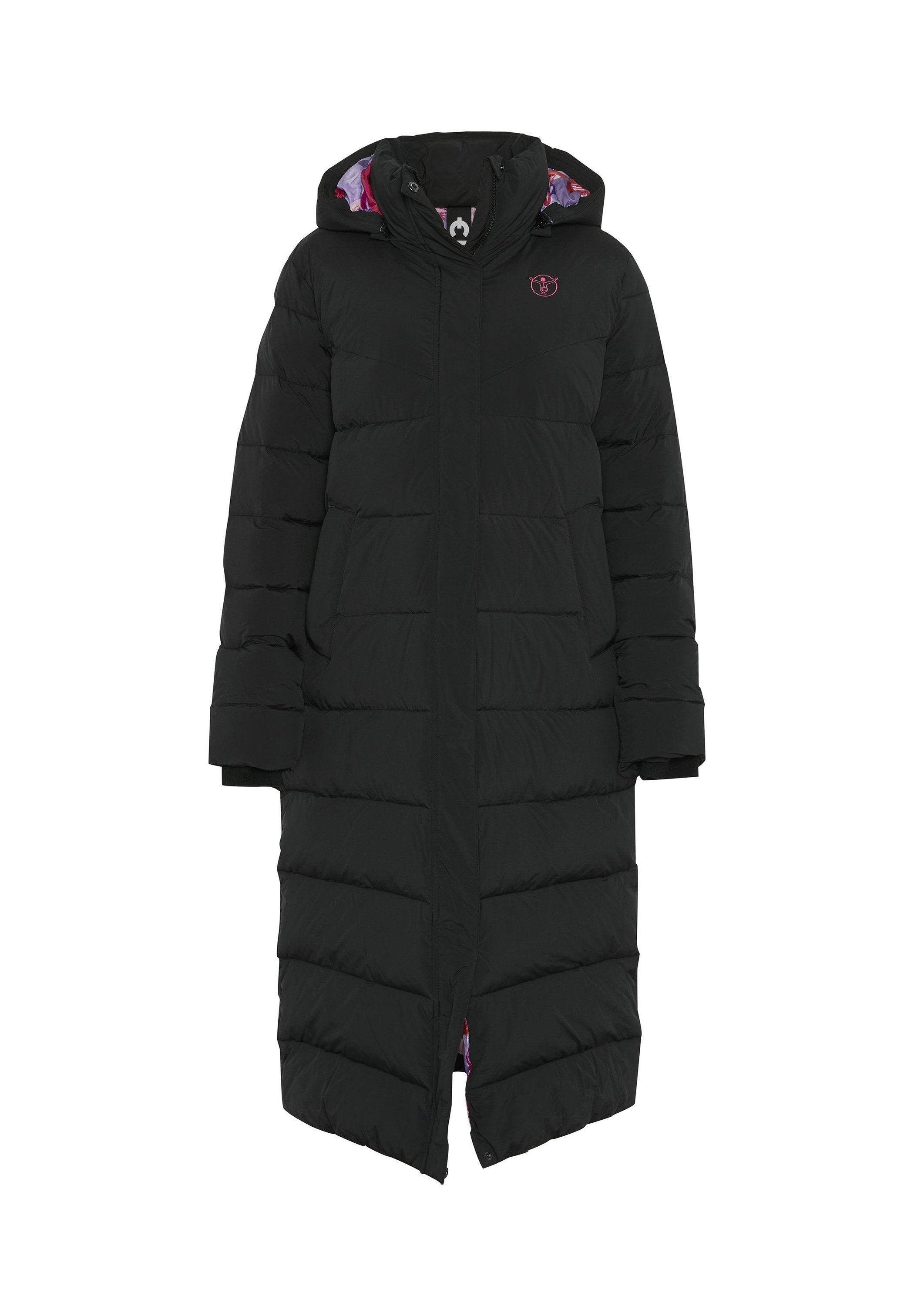 Langer schwarzer Puffermantel mit Kapuze, ausgestattet mit einem Futter in pink-violetter Musterung, horizontalen Nähten und seitlichen Taschen.