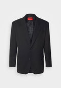 Schwarzer Blazer aus glattem Stoff, mit einem Ein-Knopf-Verschluss, eingekerbten Revers, zwei Fronttaschen und einem gemusterten Innenfutter.
