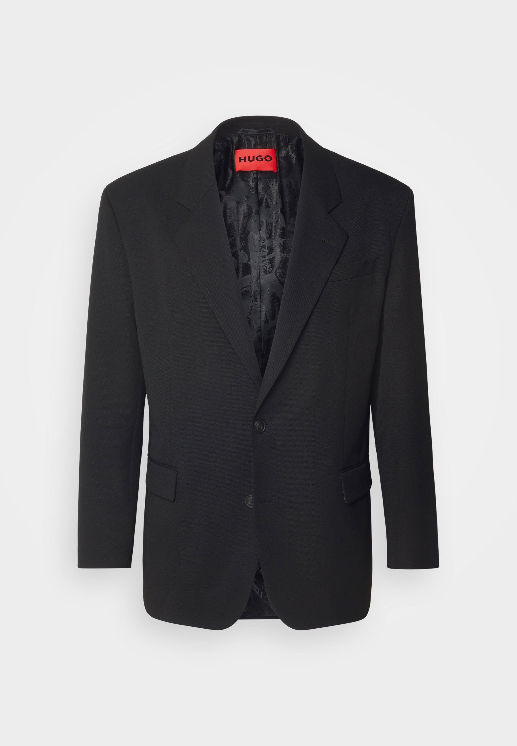 Schwarzer Blazer aus glattem Stoff, mit einem Ein-Knopf-Verschluss, eingekerbten Revers, zwei Fronttaschen und einem gemusterten Innenfutter.