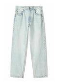 Hellblaue Jeans aus Denim mit lockerer Passform, geradem Bein, fünf Taschen und klassischem Knopfverschluss an der Taille.