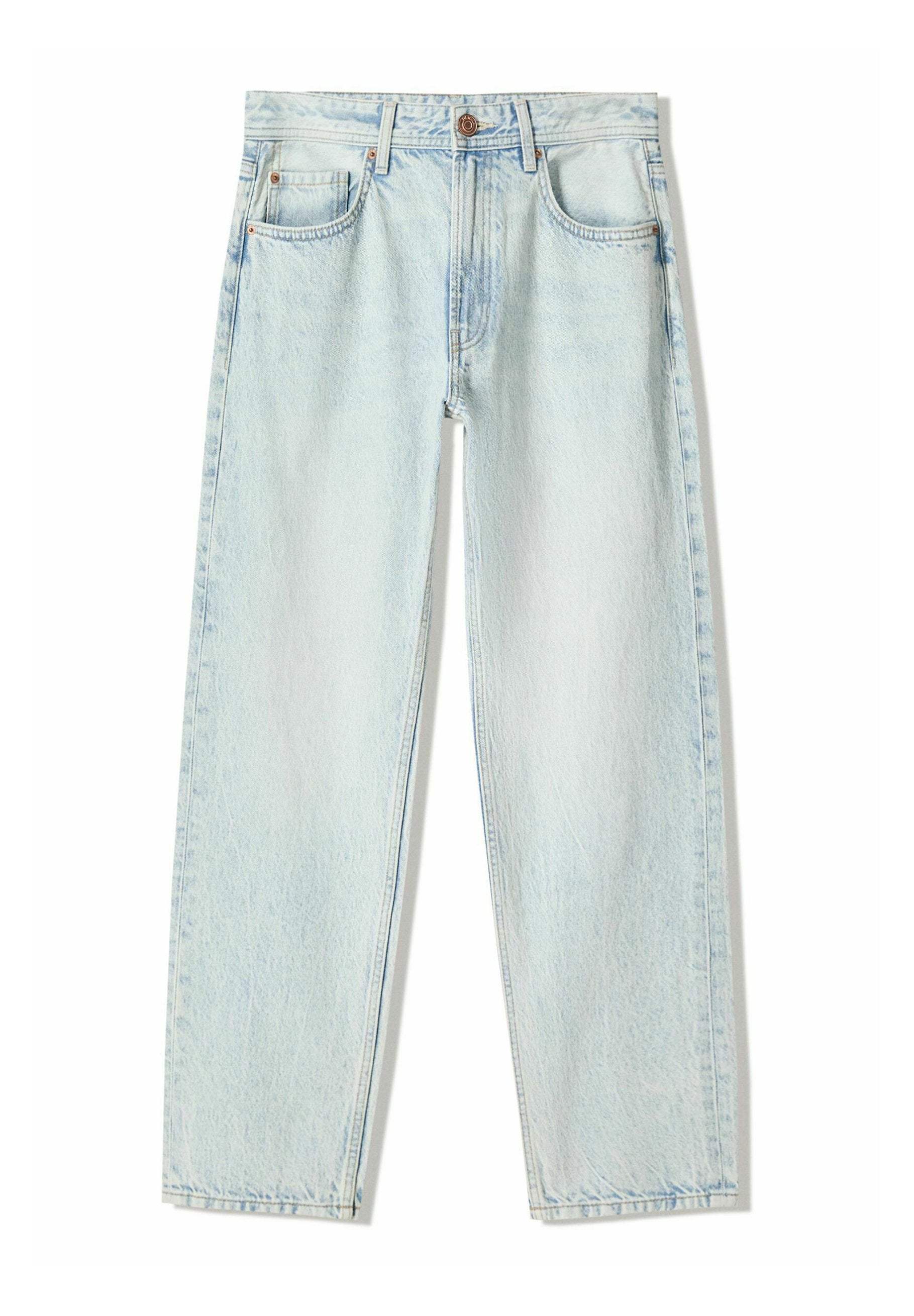 Hellblaue Jeans aus Denim mit lockerer Passform, geradem Bein, fünf Taschen und klassischem Knopfverschluss an der Taille.
