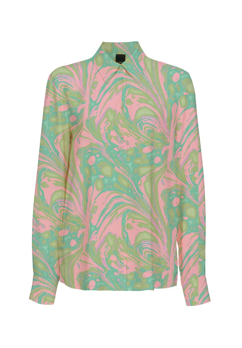 Langärmliges Hemd aus leichtem Stoff mit einem marmorierten Muster in Pink, Grün und Aqua, klassischen Kragen und Knopfverschluss.
