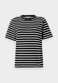 Schwarz-weißer gestreifter Kurzarm-T-Shirt mit Rundhalsausschnitt. Der Stoff erscheint glatt mit gleichmäßigen Streifen und einer lässigen Passform.